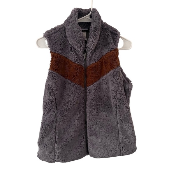 Patagonia Soft Faux Fur Vest Gray w Brown Chevron Stripe Women’s Small - Picture 1 of 12